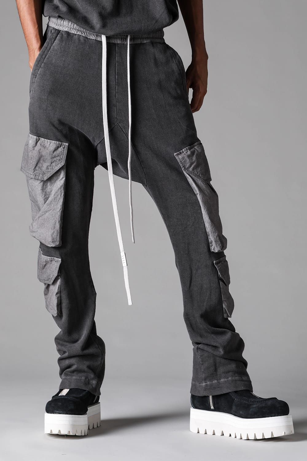 《2027SS先行予約》Sumi Dyed Lightweight French Terry Sarrouel Flare Cargo Pants"L.Grey  / D.Grey" / 墨染ミニ裏毛サルエルフレアカーゴパンツ"ライトグレー / ダークグレー"