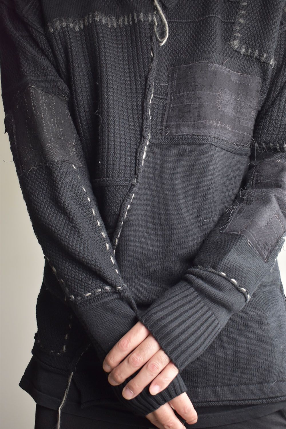 Cotton Cashmere Crust Patch Knit Pullover "Black" / コットンカシミヤクラストパッチニットプルオーバー"ブラック"