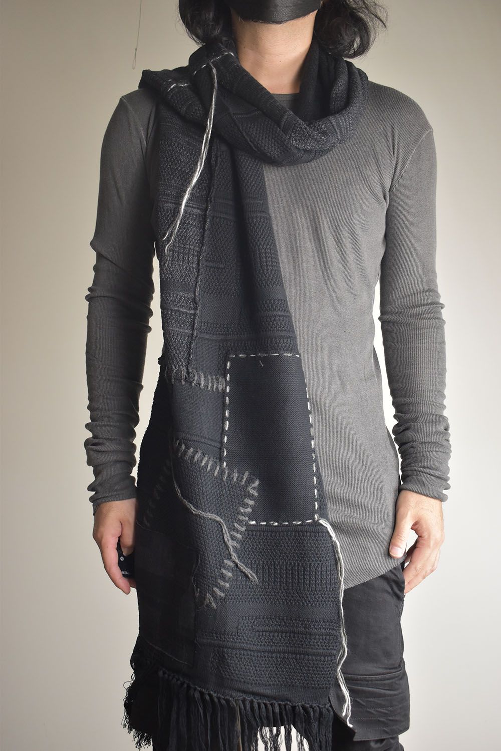 Cotton Cashmere Crust Patch Knit Long Stole "Charcoal x Black" / コットンカシミヤクラストパッチニットロングストール"チャコール×ブラック"