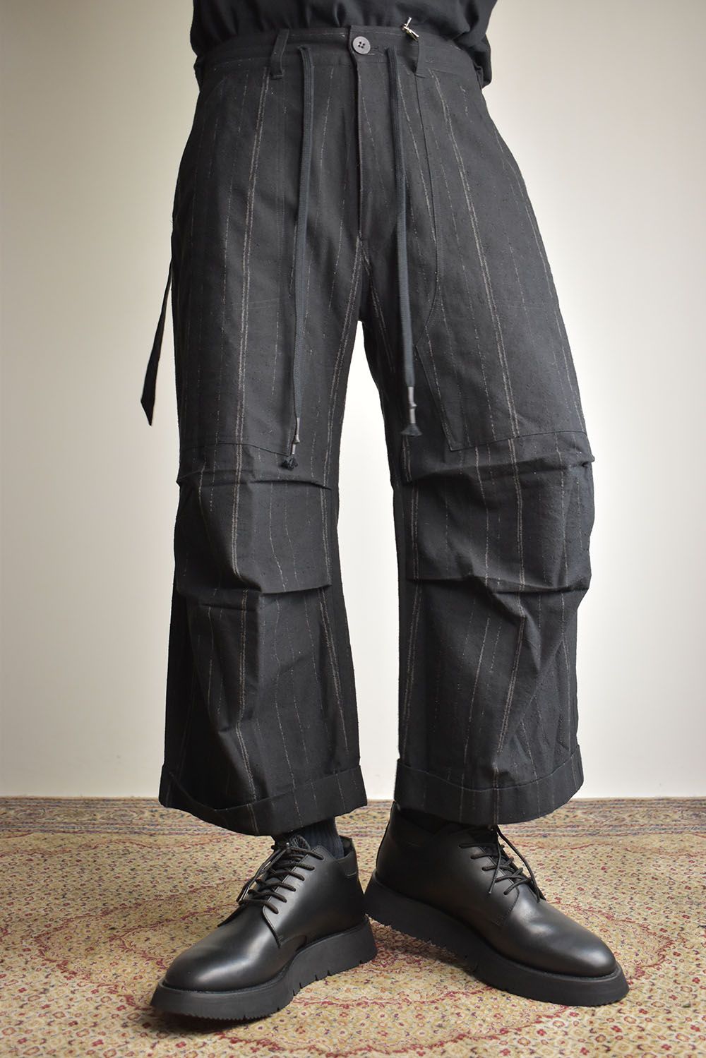 Faded Random Stripe Wide Cropped Pants"Black" / フェードランダムストライプワイドクロップドパンツ"ブラック"