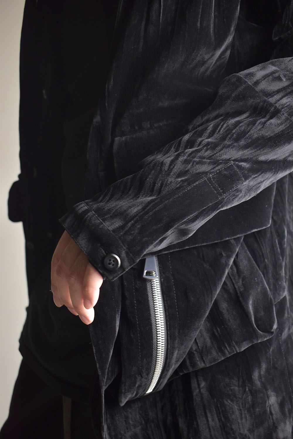 Washer Velour Hooded Long Jacket"Black" / ワッシャーベロアフーデッドロングジャケット"ブラック"