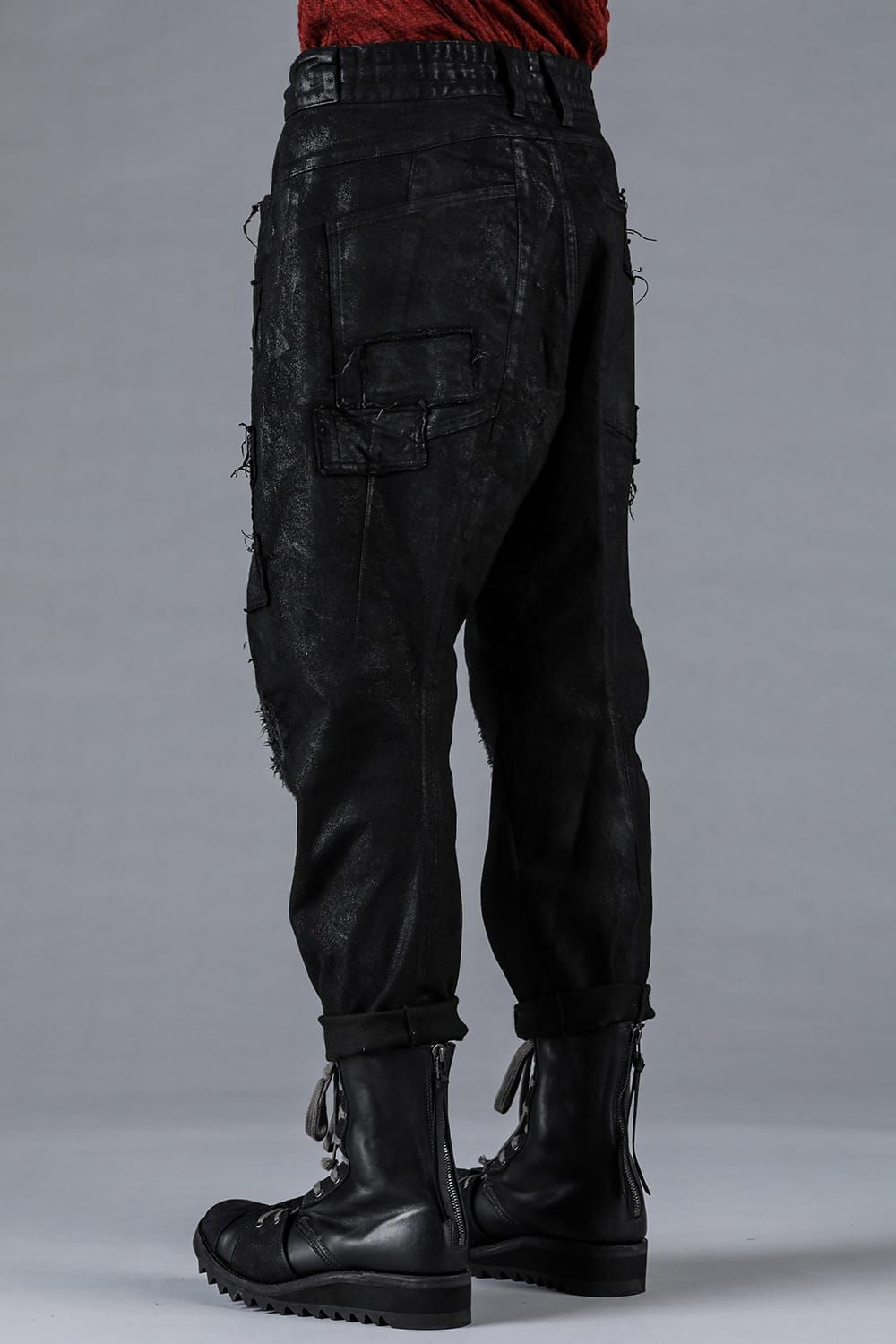 Product Coating Stretch Denim Damage Repair Cropped Pants “Black / 製品コーティングストレッチデニムダメージリペアクロップドパンツ"ブラック"