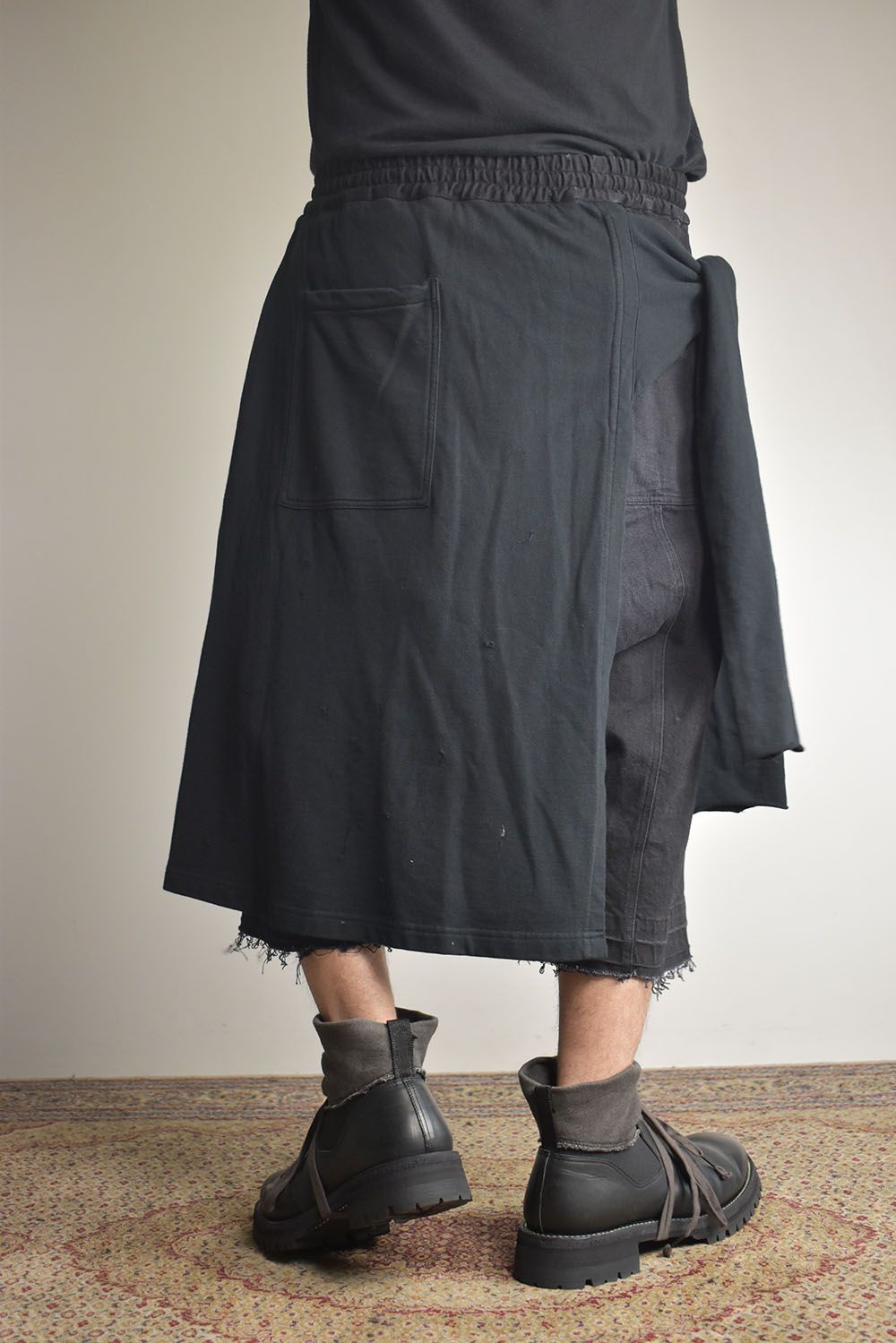 Stretch Denim Distressed Apron Wide Cropped Pants "Black" / ストレッチデニムダメージエプロンワイドクロップドパンツ"ブラック"