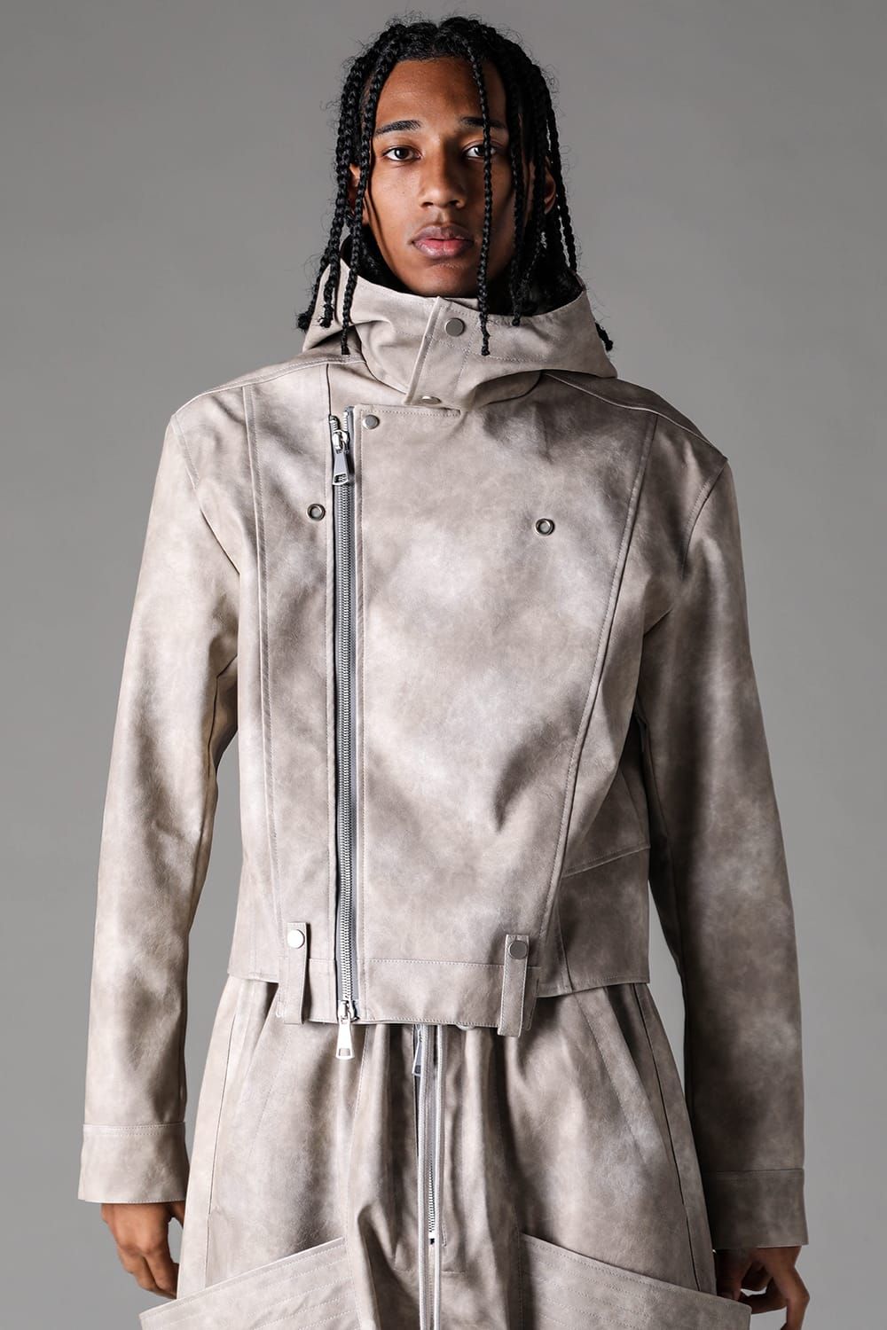 《2027SS先行予約》Vegan Leather Hoodei Double Riders "L.Beige" / ヴィーガンレザーフーディダブルライダース"ライトベージュ"