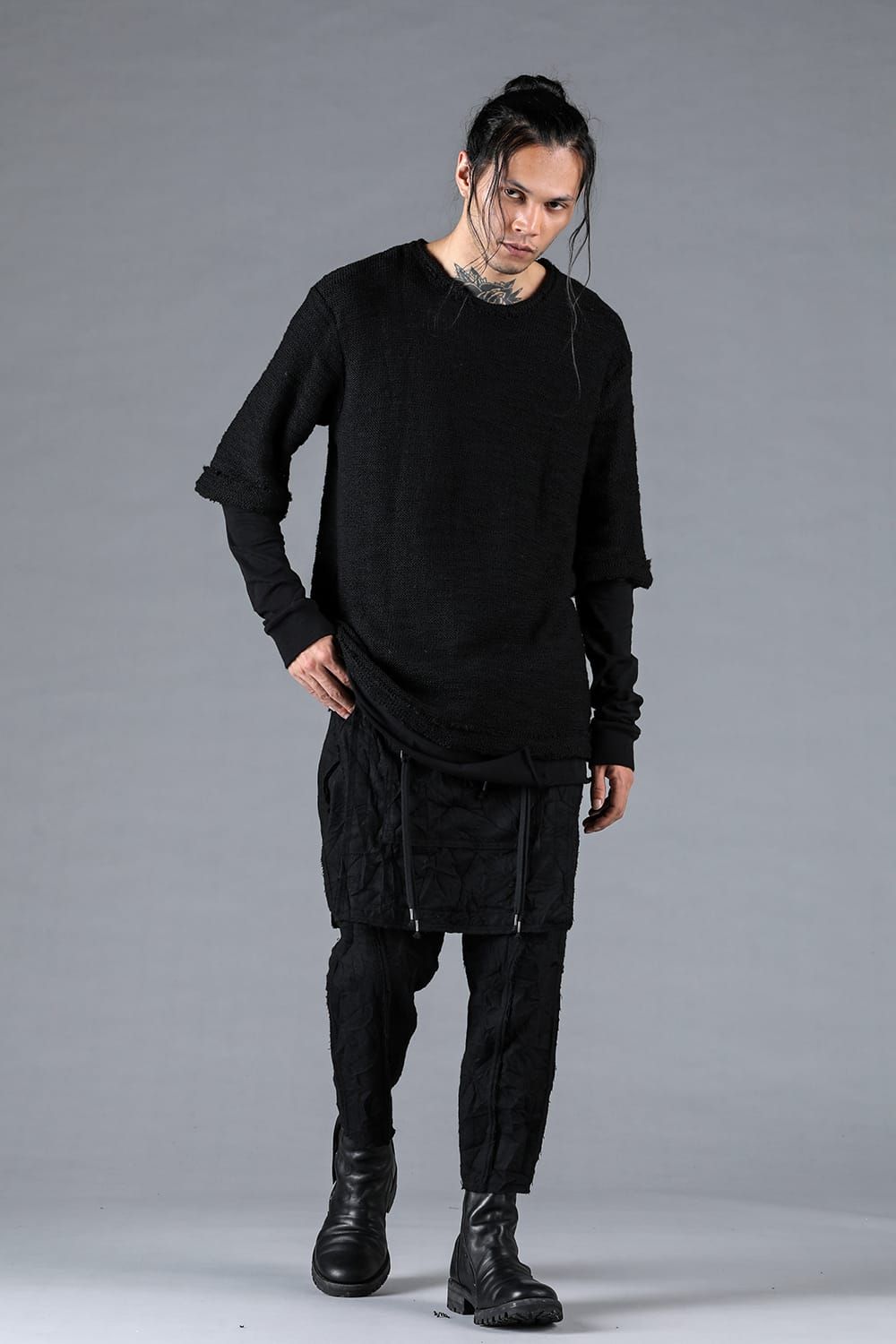 Low Gauge Knit and Cotton Jersey Layered T-Shirt "Black" / ローゲージニット×コットンジャージレイヤードTシャツ"ブラック"