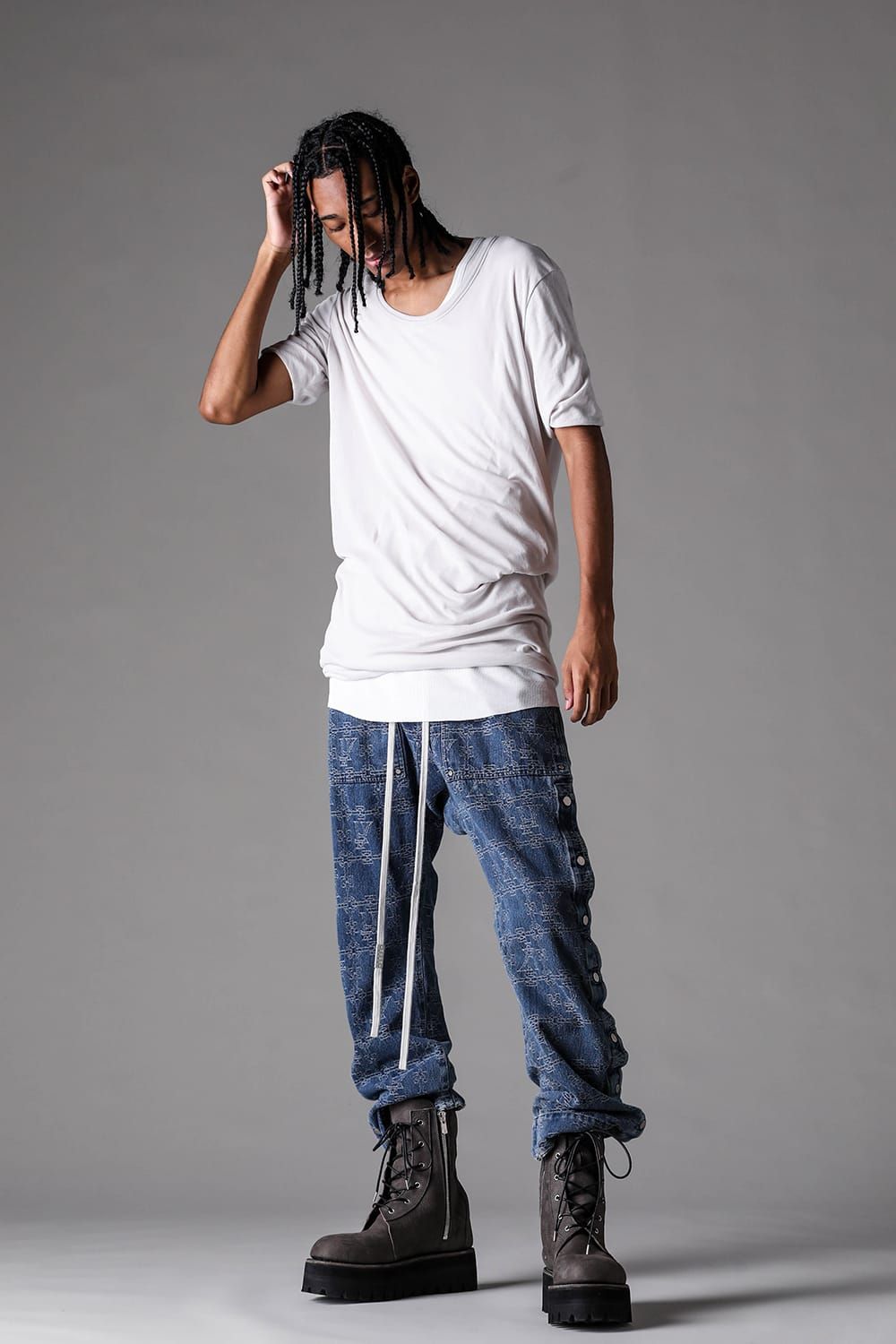 《2027SS先行予約》Jacgurd Denim Sarrouel Flare Pants "Black / Blue" / ジャガードデニムサルエルフレアパンツ"ブラック/ブルー"