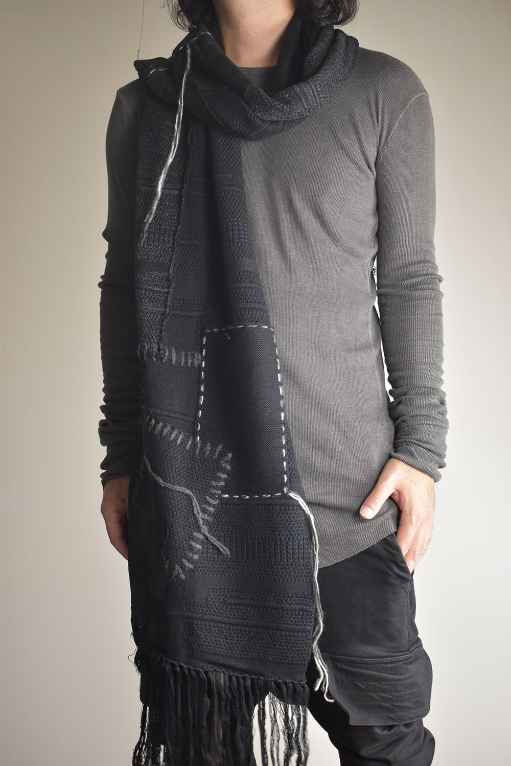 Cotton Cashmere Crust Patch Knit Long Stole "Charcoal x Black" / コットンカシミヤクラストパッチニットロングストール"チャコール×ブラック"