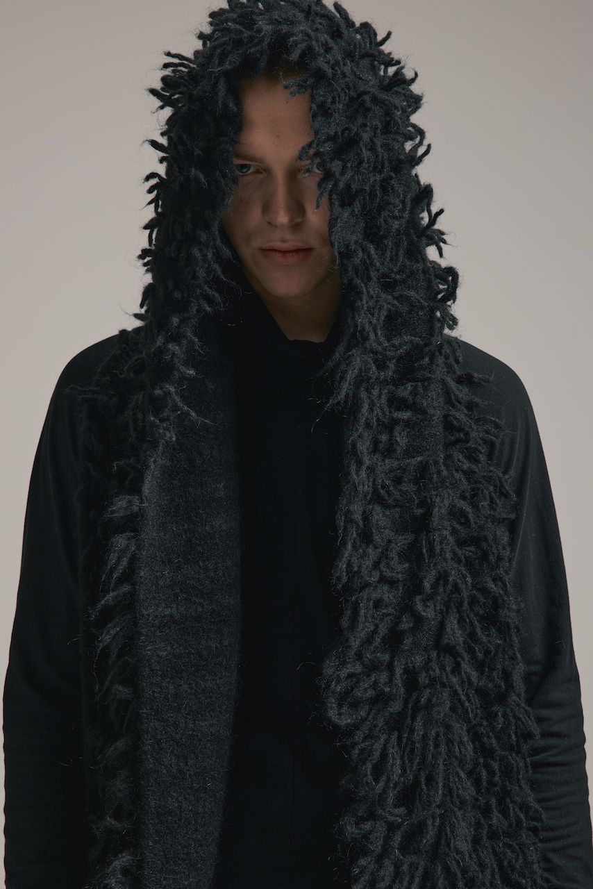 5GG Long Pile Knit Hoodie Stole"Black" / ロングパイルニットフーディストール"ブラック"