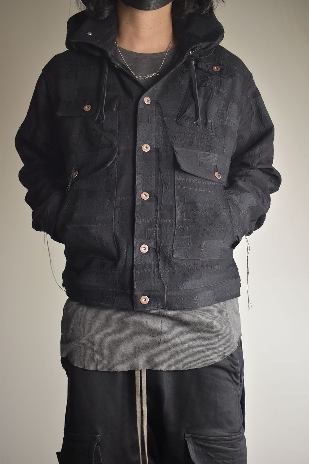 Crust Patchwork Jacquard Hood Attached Jacket "Black" / クラストパッチワークジャガードフードアタッチドジャケット"ブラック"