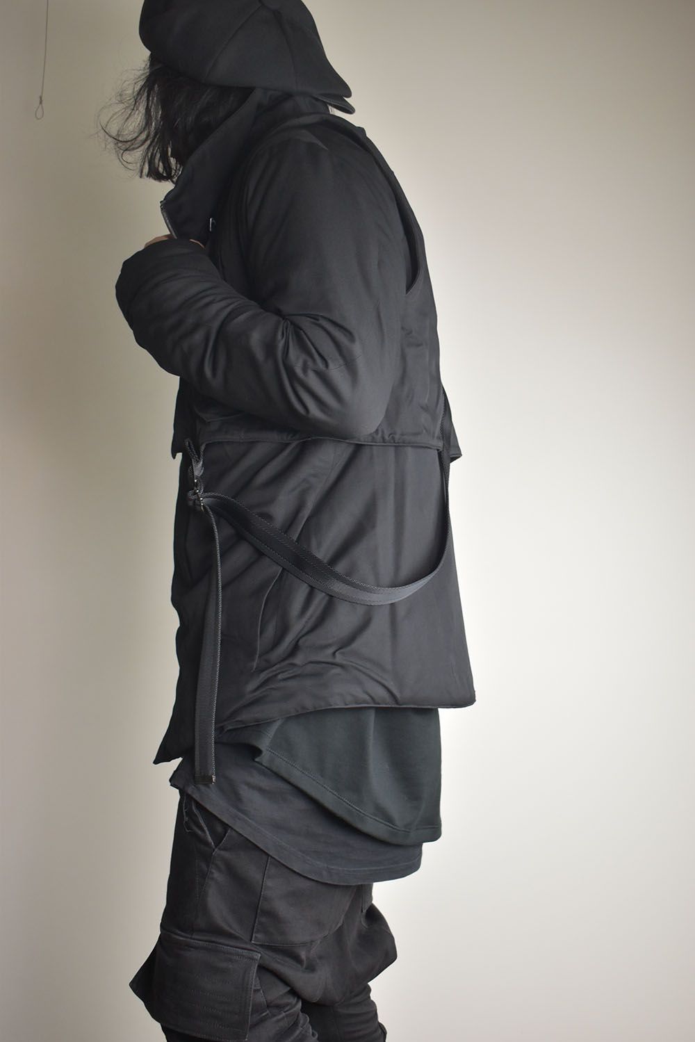 Rayon Twill Vest Hooded Down Jacket "Black" / レーヨンツイルベスト/フードアタッチドダウンジャケット"ブラック"