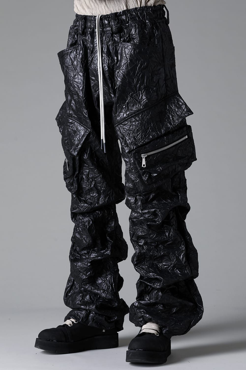 Washer Synthetic Leather Boots Cut Tuck Cargo Pants"Black " / ワッシャーシンセティックレザーブーツカットタックカーゴパンツ"ブラック"