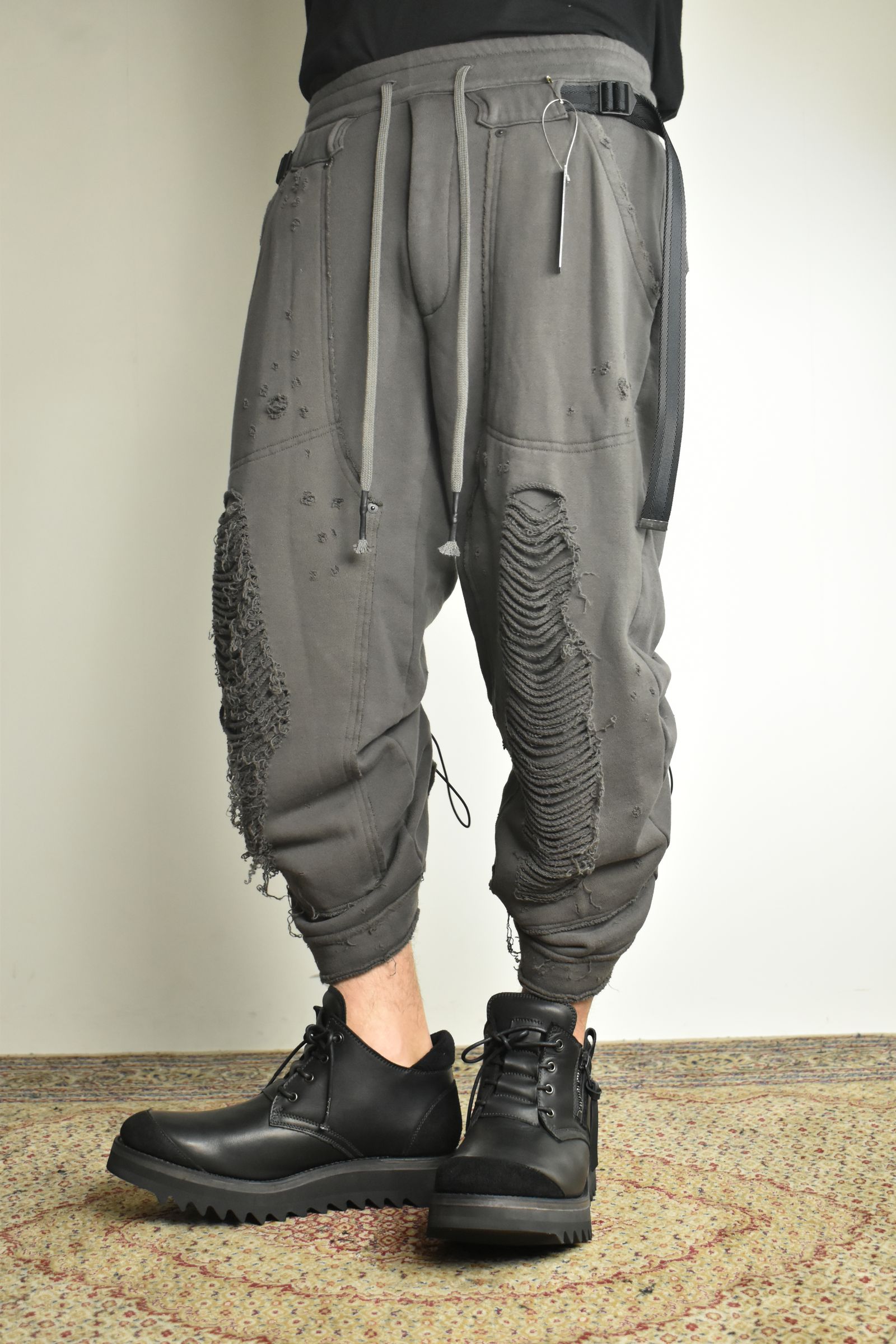 Untwisted Yarn Fleece Shotgun Wide Cropped Pants"Charcoal" / 無撚糸裏毛ショットガンワイドクロップドパンツ"チャコール"