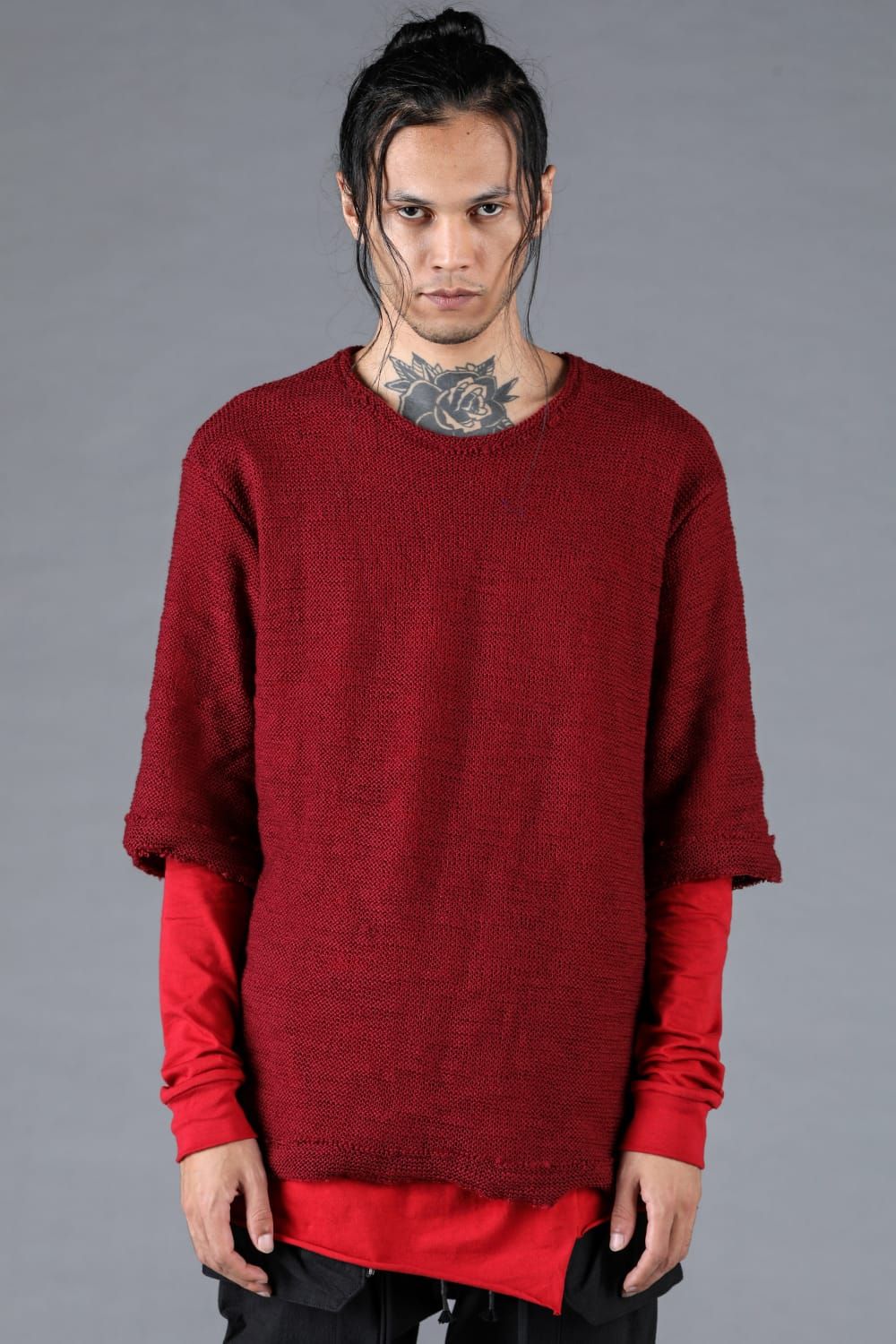 Low Gauge Knit and Cotton Jersey Layered T-Shirt "Red" / ローゲージニット×コットンジャージレイヤードTシャツ"レッド"