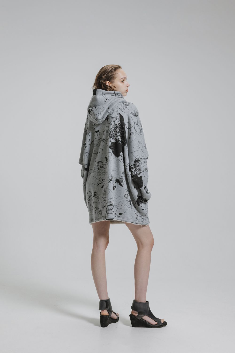 Sweat Oversize Print Zip Up Hoodie"Grey" / スウェットオーバーサイズプリントジップアップパーカ"グレー"