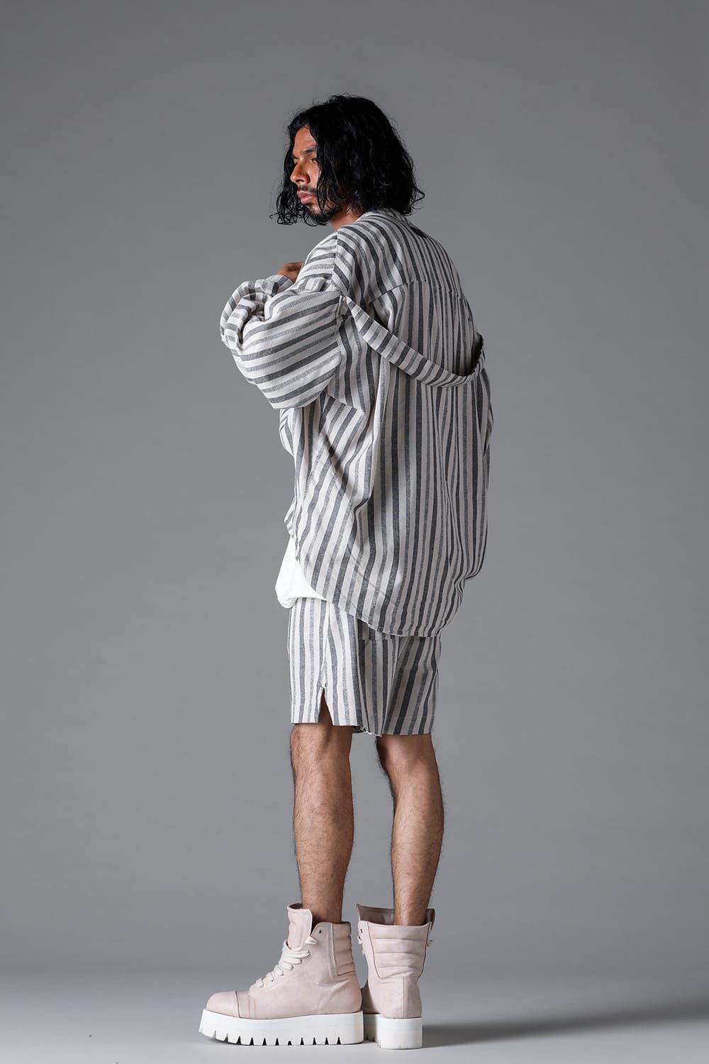 《2026SS先行予約》Vertical Stripes Stand Collar Shirts "Cream×L.Grey" / バーティカルストライプスタンドカラーシャツ"クリーム×グレー"