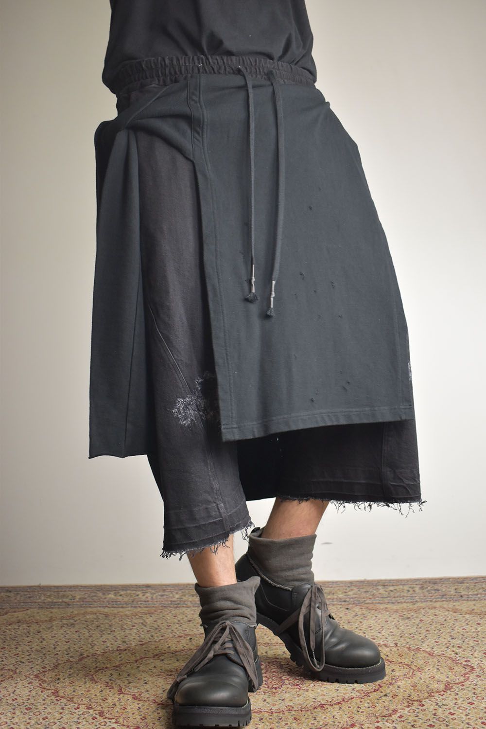 Stretch Denim Distressed Apron Wide Cropped Pants "Black" / ストレッチデニムダメージエプロンワイドクロップドパンツ"ブラック"