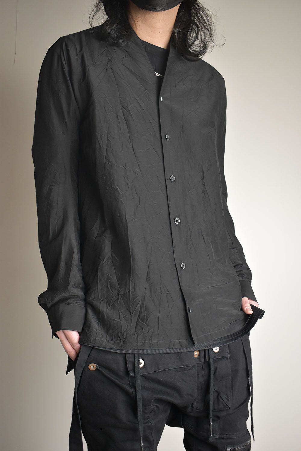 Silk Cotton Washer Shawl Collar Shirt"Black" / シルクコットンワッシャーショールカラーシャツ"ブラック"