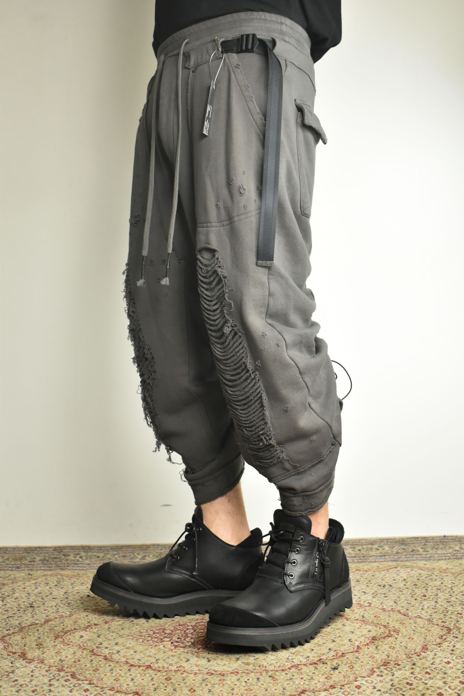 Untwisted Yarn Fleece Shotgun Wide Cropped Pants"Charcoal" / 無撚糸裏毛ショットガンワイドクロップドパンツ"チャコール"