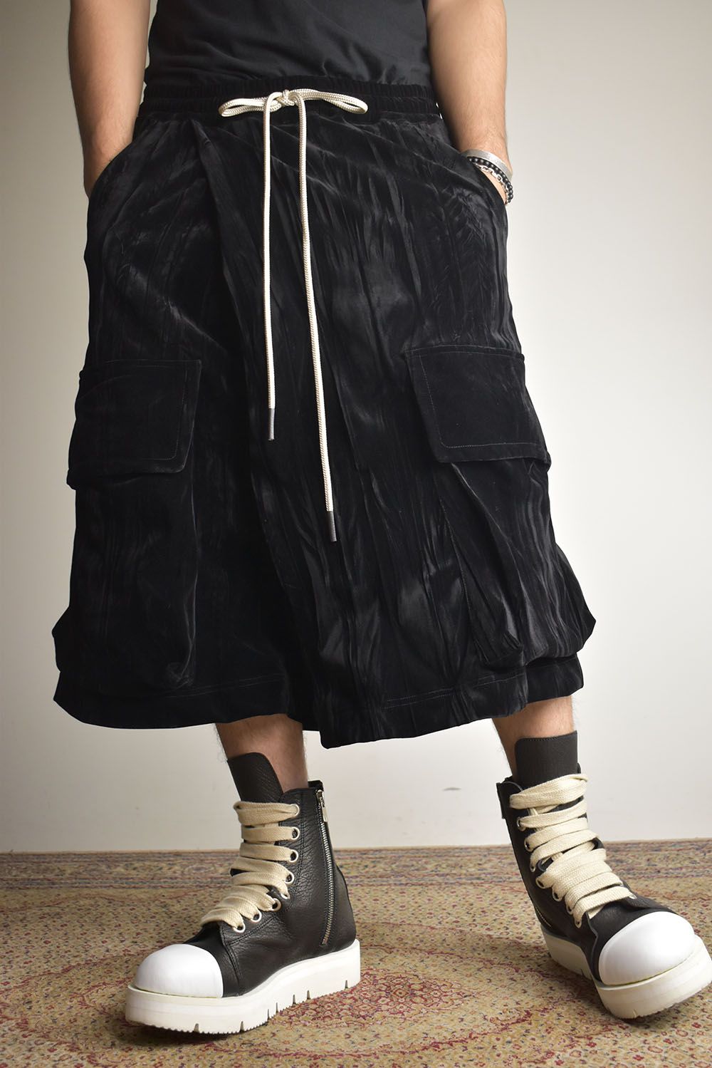 Washer Velour Wrap Skirt Pants"Black" / ワッシャーベロアラップスカートパンツ"ブラック"
