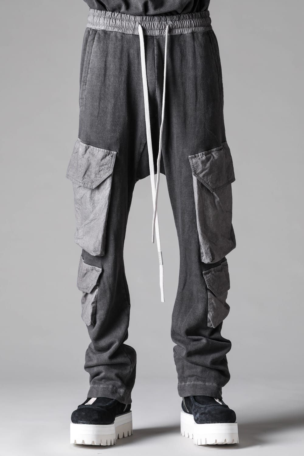 《2027SS先行予約》Sumi Dyed Lightweight French Terry Sarrouel Flare Cargo Pants"L.Grey  / D.Grey" / 墨染ミニ裏毛サルエルフレアカーゴパンツ"ライトグレー / ダークグレー"