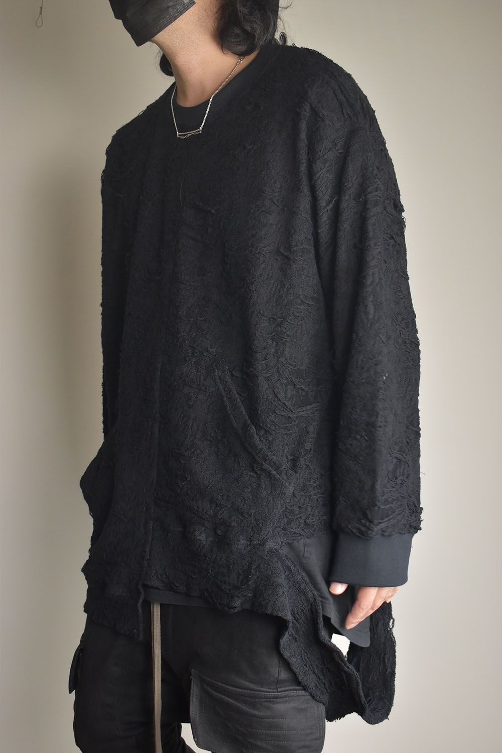 Damage Pile Arymmetry Crew Neck Top"Black" / ダメージパイル アシンメトリークルーネックトップ"ブラック"