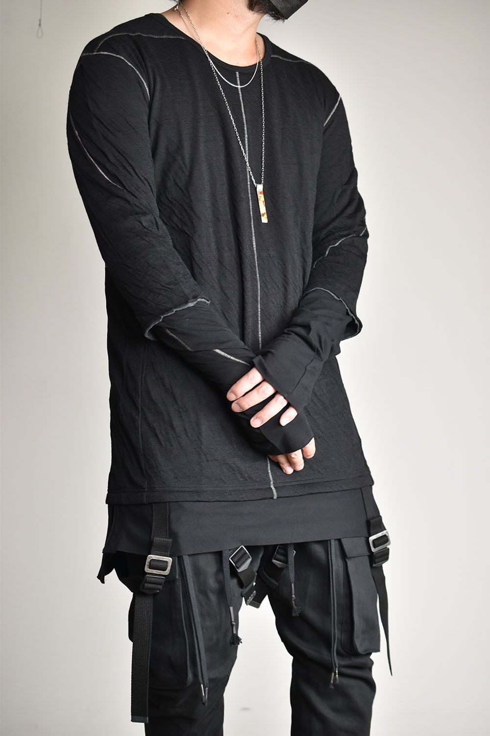 Wool×Cotton Double Face Layered Globe Sleeve Tee"Black/"ウール×コットンダブルフェイスレイヤードグローブスリーブTシャツ"ブラック"