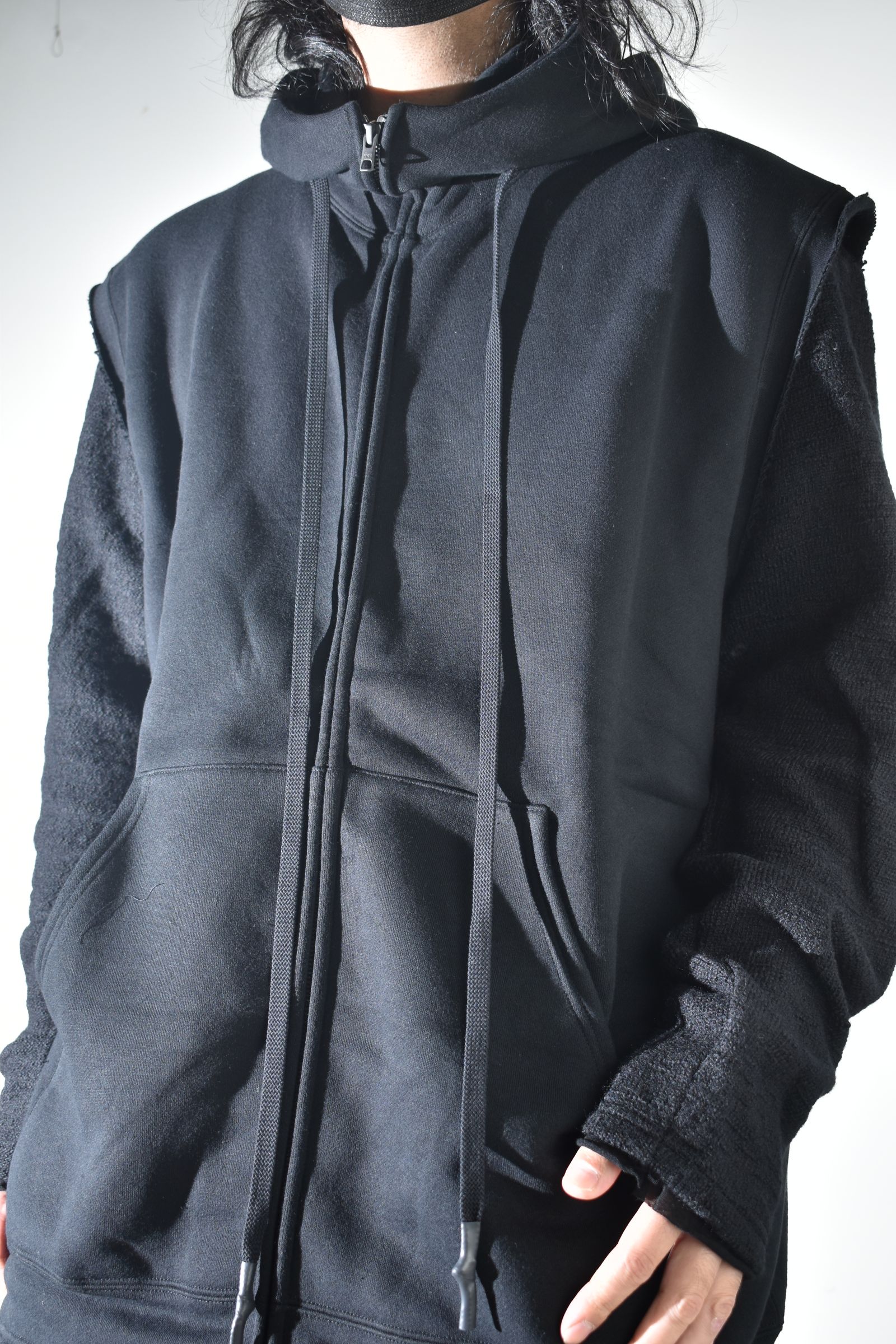 Over Size Sleeve Less Zip Up Parker"Black" / オーバーサイズスリーブレスジップアップパーカー"ブラック"