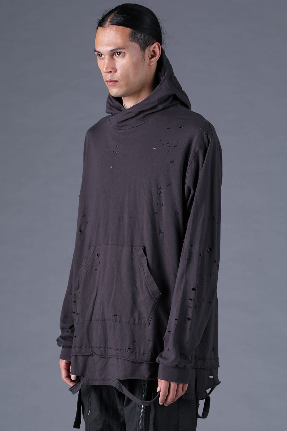 《2027SS先行予約分》Soft Cotton Jersey Shotgun-Damage Hoodie"Charcoal" / ソフトコットンジャージショットガンダメージフーディー"チャコール"