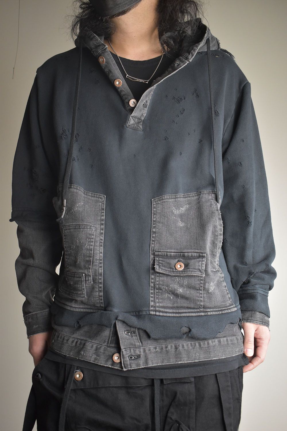 Denim Combination Non-Twisted Yarn Lined Oversized Pullover Hoodie"Black" / デニムコンビネーション無撚糸裏毛オーバーサイズプルオーバーフーディー"ブラック"