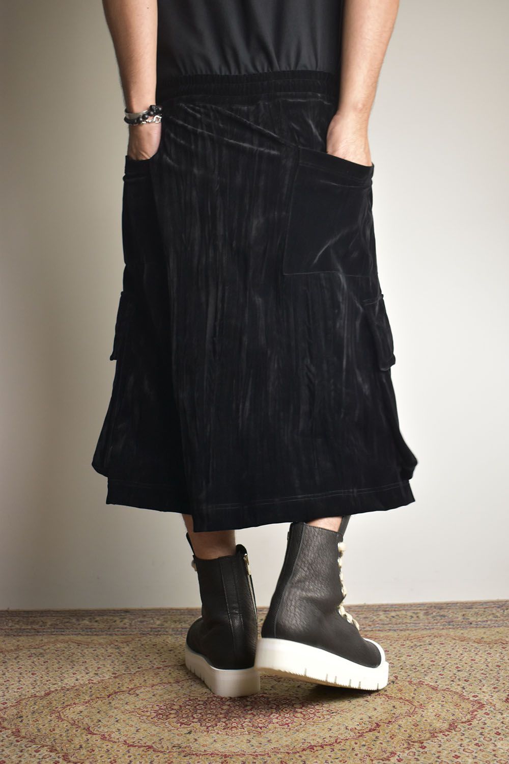 Washer Velour Wrap Skirt Pants"Black" / ワッシャーベロアラップスカートパンツ"ブラック"