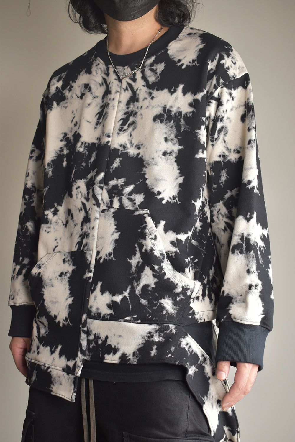 Discharge Pinting Asymmetry Crew Neck Top"Black×Ivory" /ディスチャージプリントアシンメトリークルーネックトップ"ブラック×アイボリー"