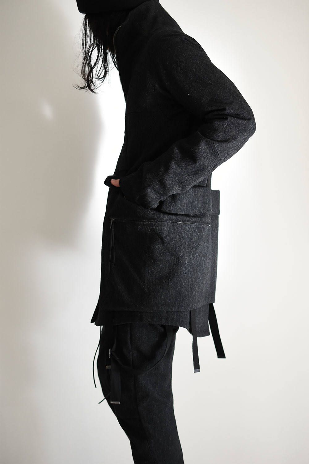 Wool × Cortton Serge Harness Bag Half Coat"Black" /ウール×コットンサージ ハーネスバッグハーフコート"ブラック"