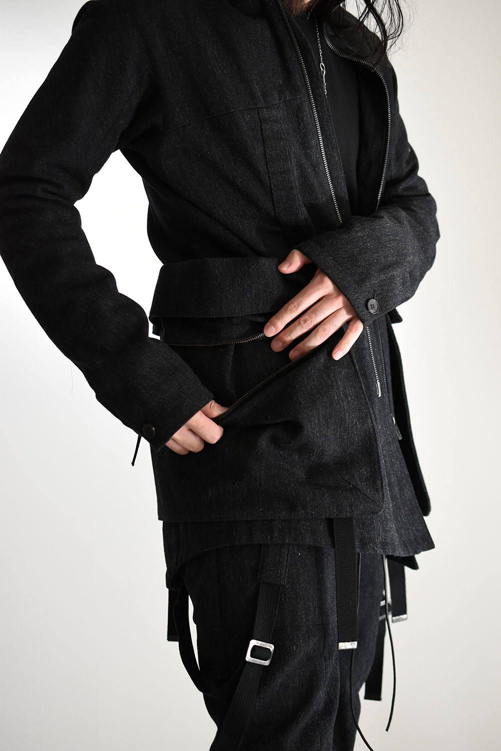 Wool × Cortton Serge Harness Bag Half Coat"Black" /ウール×コットンサージ ハーネスバッグハーフコート"ブラック"