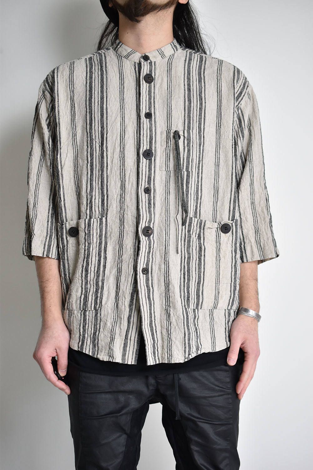 《ラスト1点!!》7-Sleeve Stripe Over Size Shirts"Beige×Black"/7分袖ストライプオーバーサイズシャツ"ベージュ×ブラック"