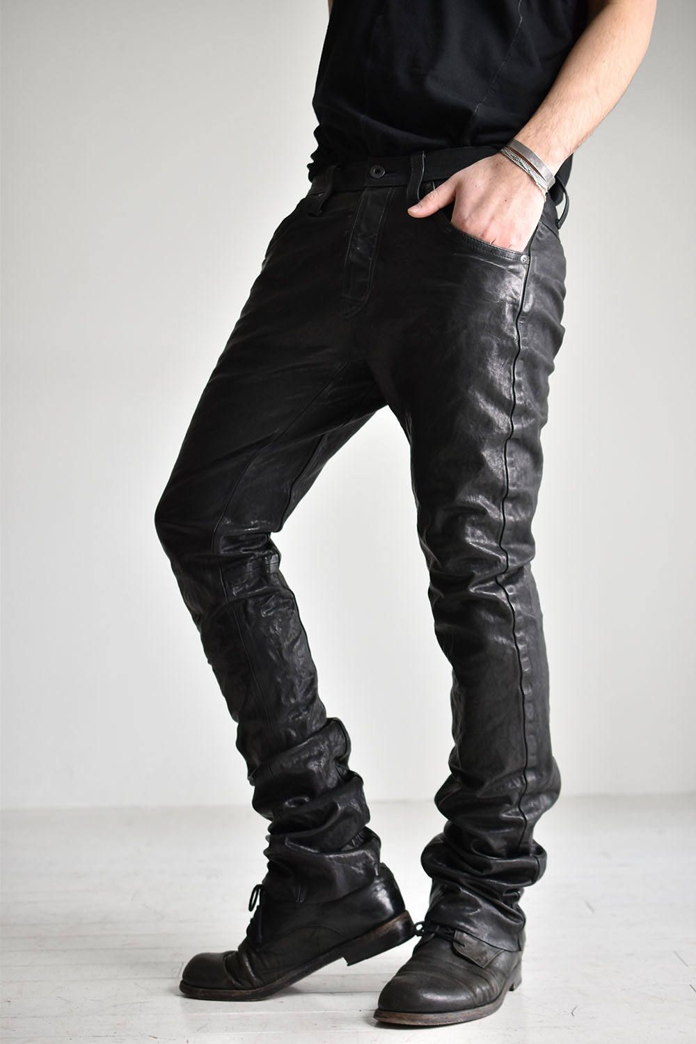 Italian Shoulder Leather Pants"Black" /イタリアンショルダーレザーパンツ"製品染ブラック"