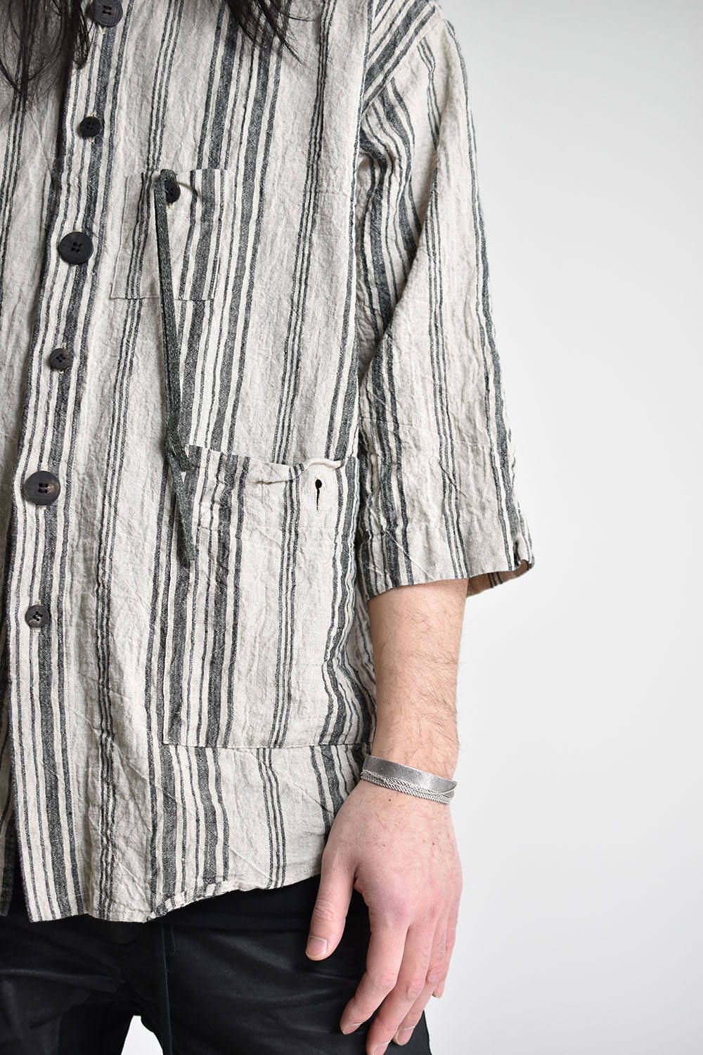 《ラスト1点!!》7-Sleeve Stripe Over Size Shirts"Beige×Black"/7分袖ストライプオーバーサイズシャツ"ベージュ×ブラック"