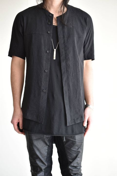 Stretch Linen × Viscose Minimal Short Sleeve Shirt"Black"/ストレッチリネン×ビスコースシャツ"ブラック"