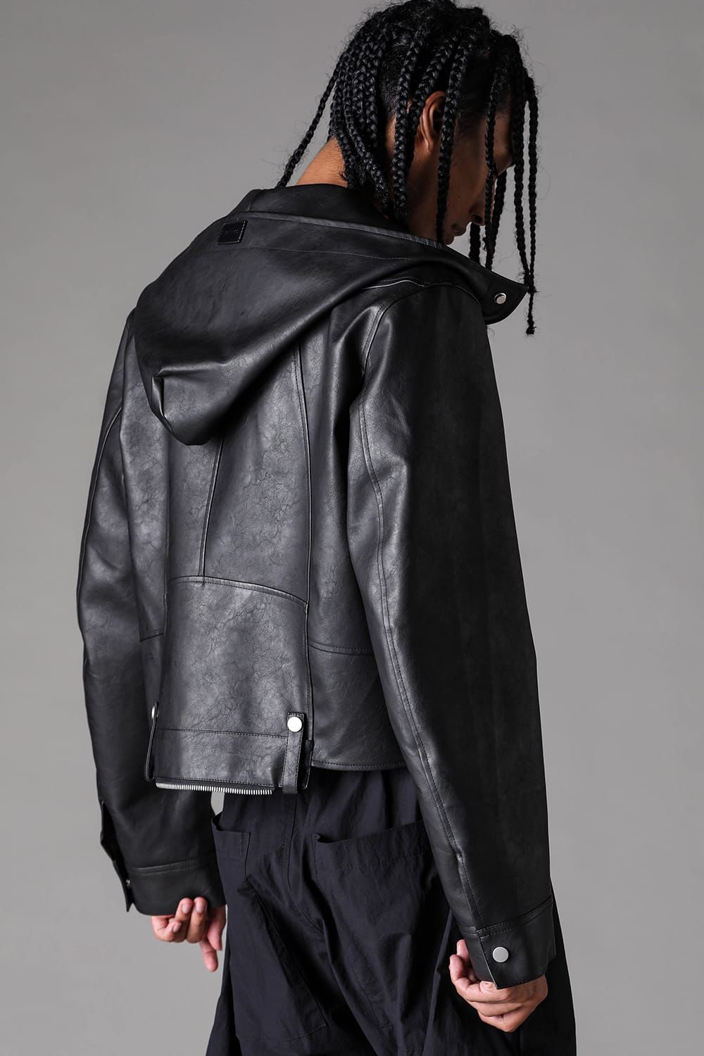 《2027SS先行予約》Vegan Leather Hoodei Double Riders "Black" / ヴィーガンレザーフーディダブルライダース"ブラック"