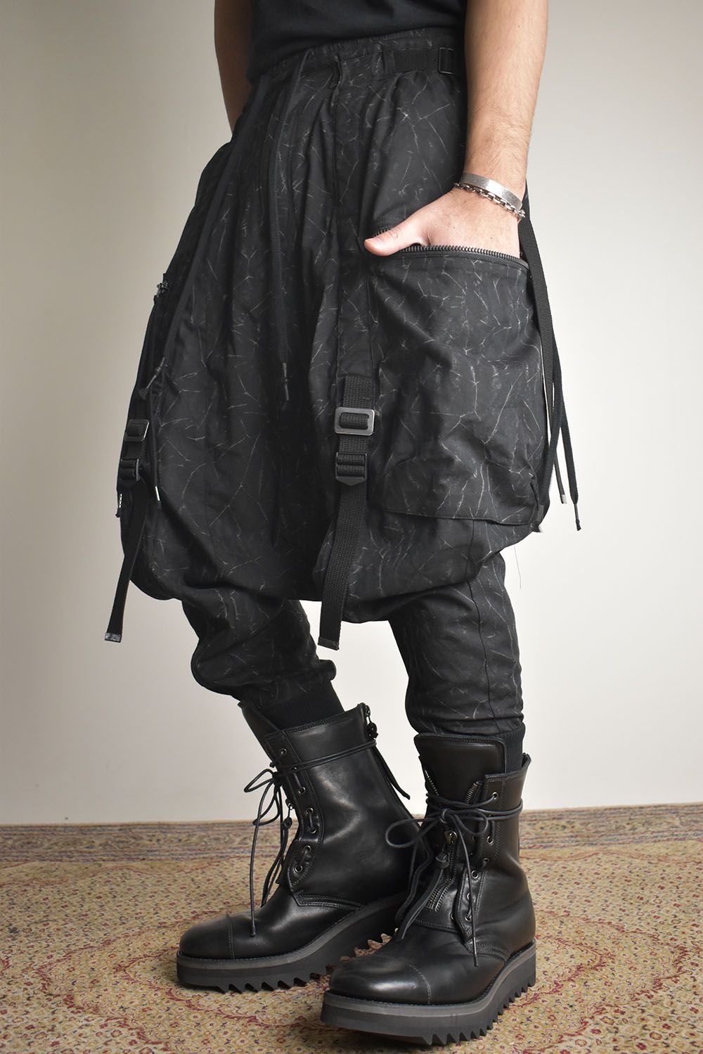 Catch Washer Bleach Belt Adjustable Sarouel Cargo Pants"Black" / キャッチワッシャーブリーチベルトアジャスタブルサルエルカーゴパンツ"ブラック"