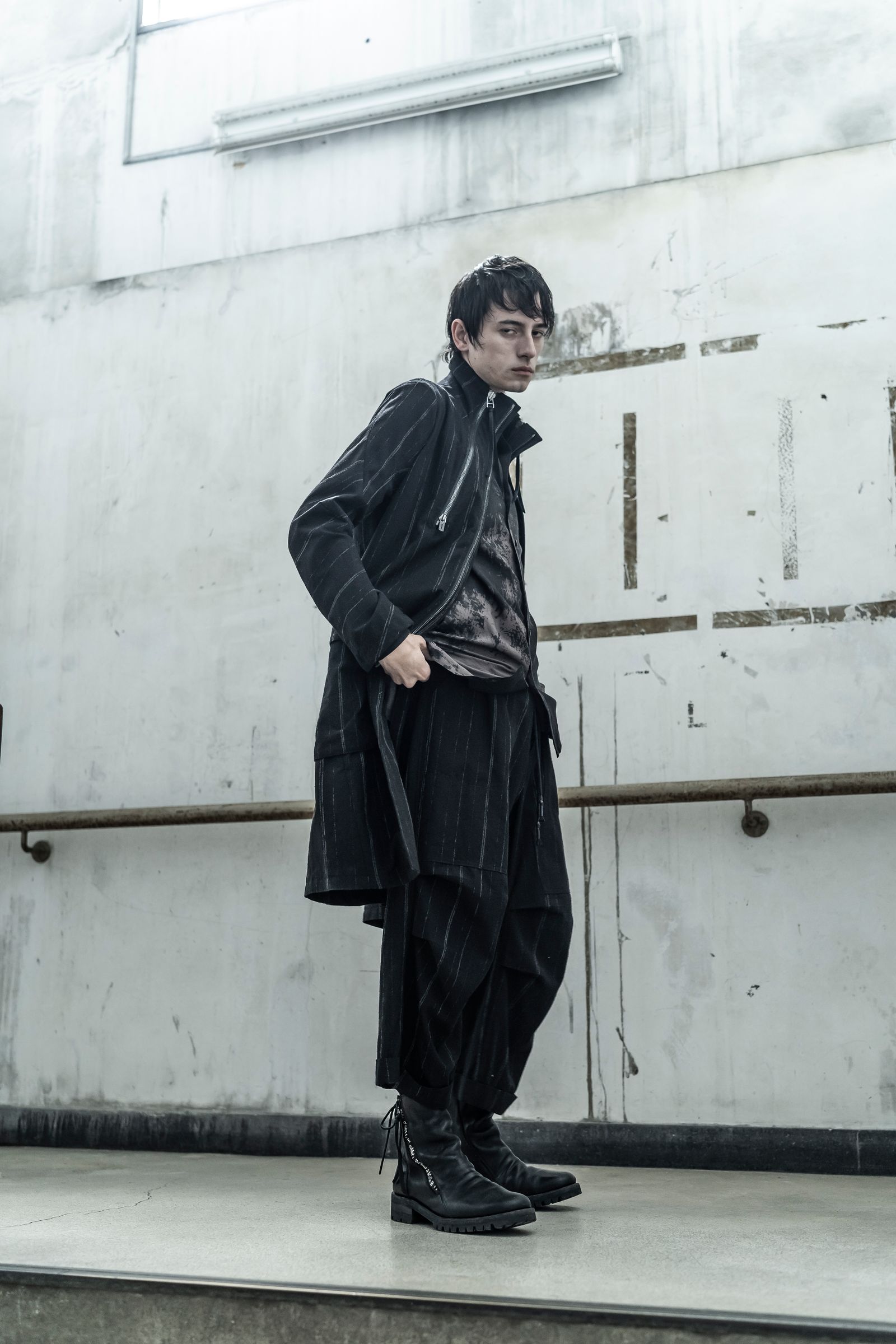 Faded Random Stripe Wide Cropped Pants"Black" / フェードランダムストライプワイドクロップドパンツ"ブラック"