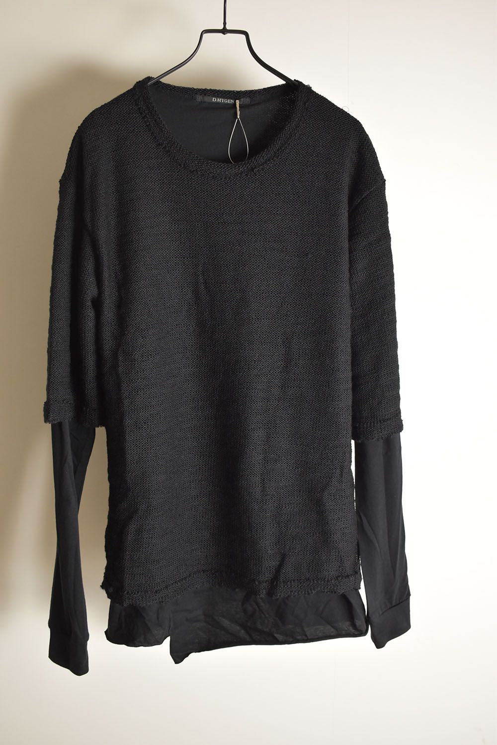 Low Gauge Knit and Cotton Jersey Layered T-Shirt "Black" / ローゲージニット×コットンジャージレイヤードTシャツ"ブラック"