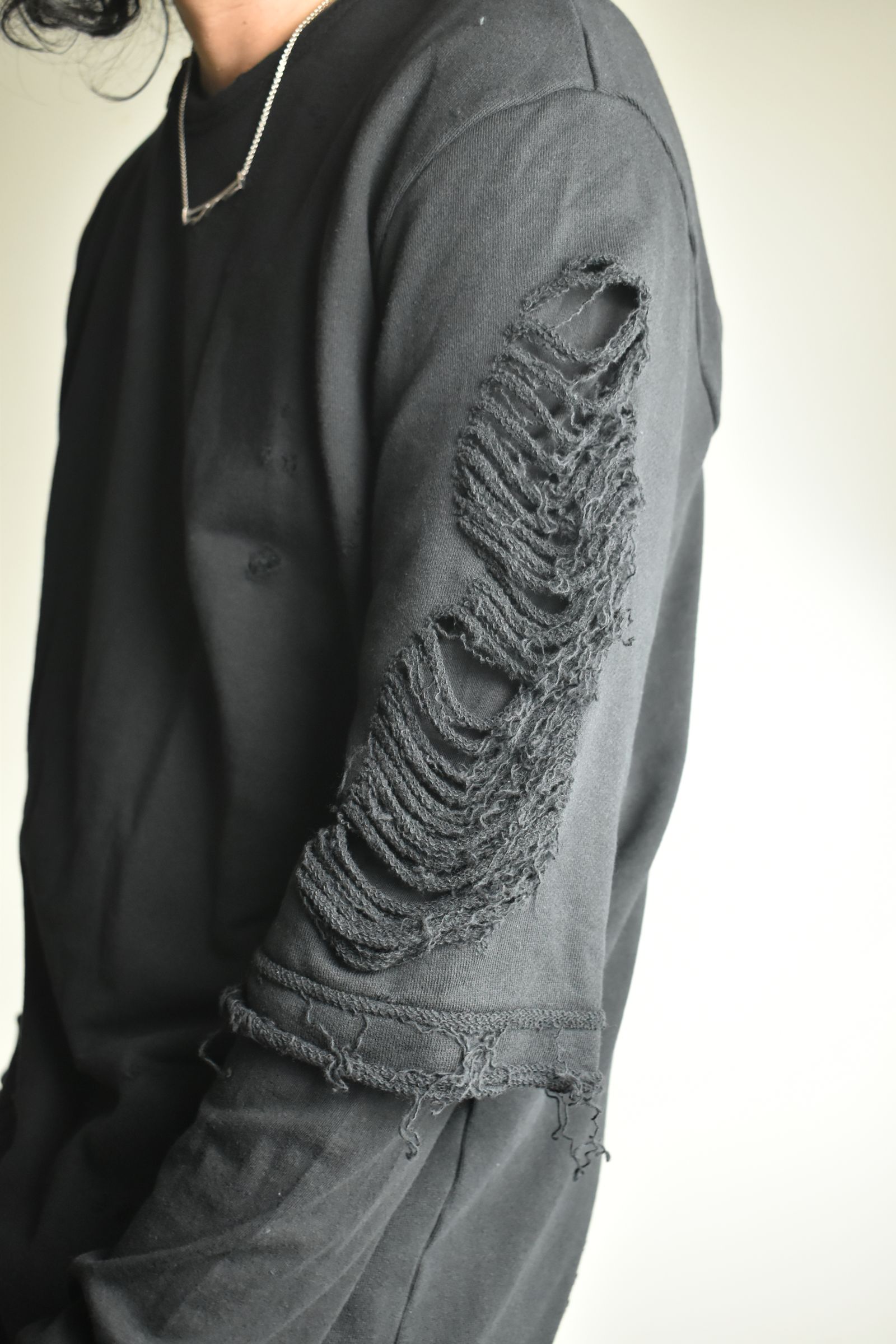 Sweat Shotgun Damage Layered Tee"Black" / 裏毛ショットガンダメージレイヤードTee"ブラック"