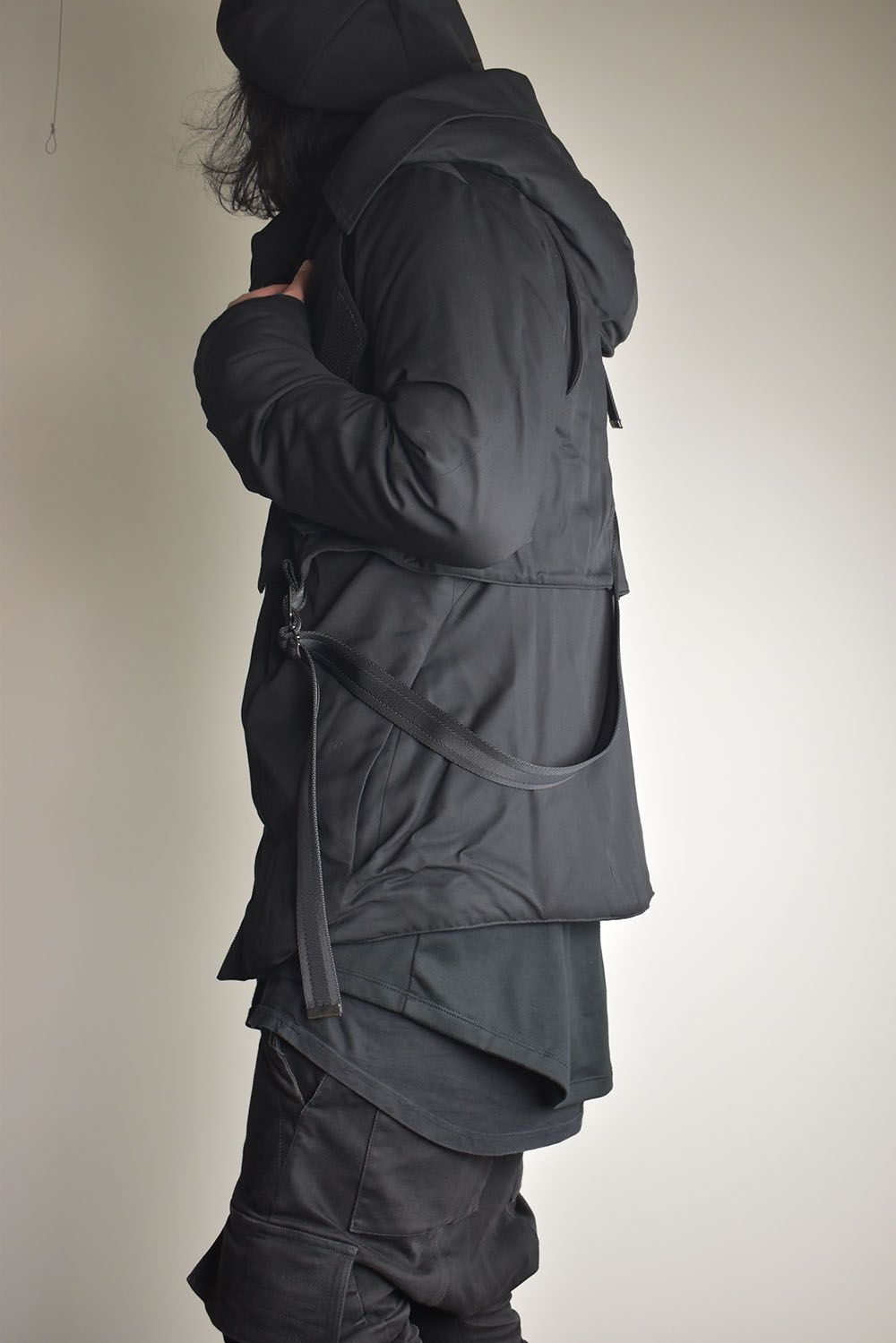Rayon Twill Vest Hooded Down Jacket "Black" / レーヨンツイルベスト/フードアタッチドダウンジャケット"ブラック"