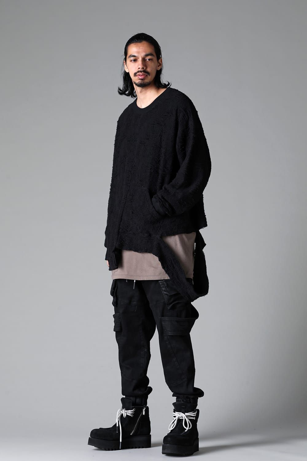 《2025AW先行予約》Damage Pile Arymmetry Crew Neck Top"Black" / ダメージパイル アシンメトリークルーネックトップ"ブラック"