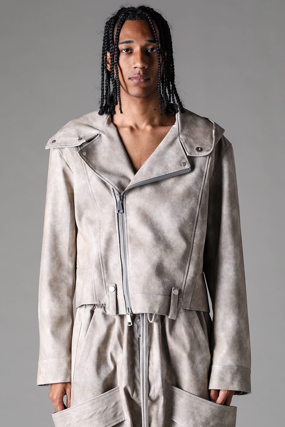 《2027SS先行予約》Vegan Leather Hoodei Double Riders "L.Beige" / ヴィーガンレザーフーディダブルライダース"ライトベージュ"