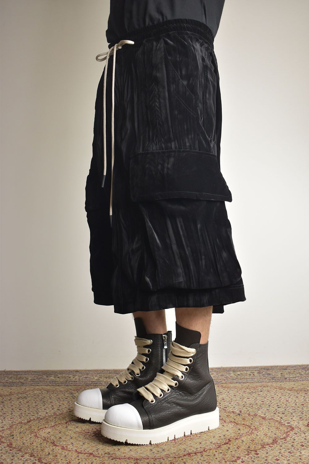 Washer Velour Wrap Skirt Pants"Black" / ワッシャーベロアラップスカートパンツ"ブラック"