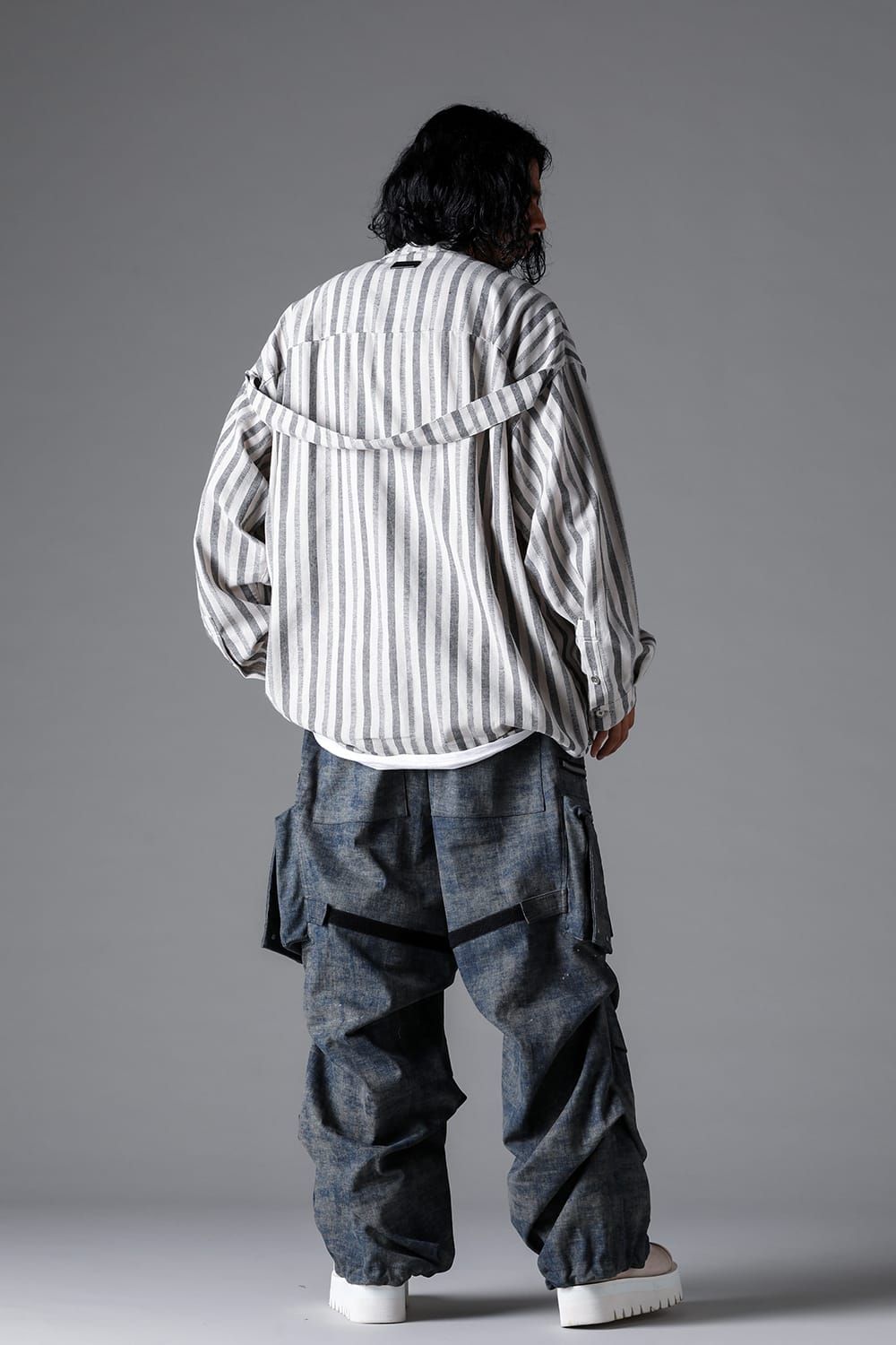 《2026SS先行予約》Vertical Stripes Stand Collar Shirts "Cream×L.Grey" / バーティカルストライプスタンドカラーシャツ"クリーム×グレー"