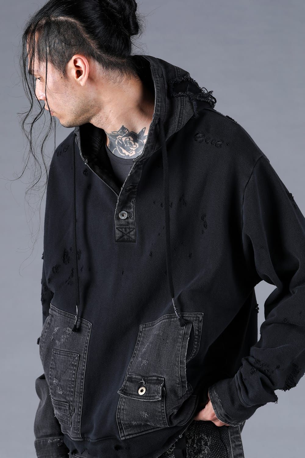 Denim Combination Non-Twisted Yarn Lined Oversized Pullover Hoodie"Black" / デニムコンビネーション無撚糸裏毛オーバーサイズプルオーバーフーディー"ブラック"