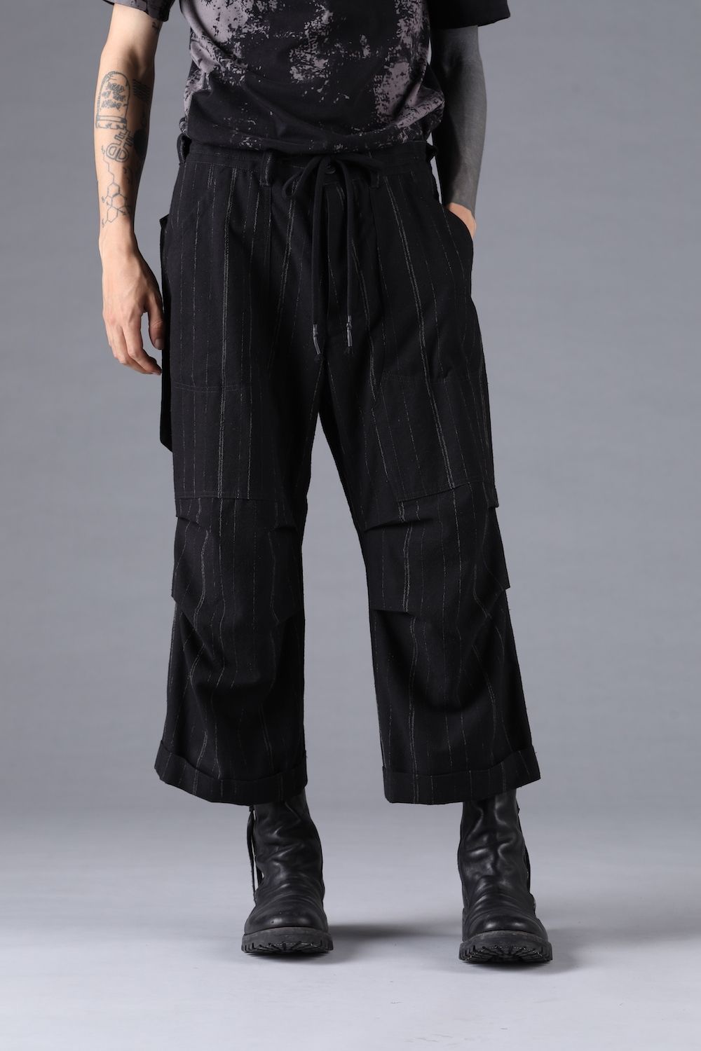 Faded Random Stripe Wide Cropped Pants"Black" / フェードランダムストライプワイドクロップドパンツ"ブラック"