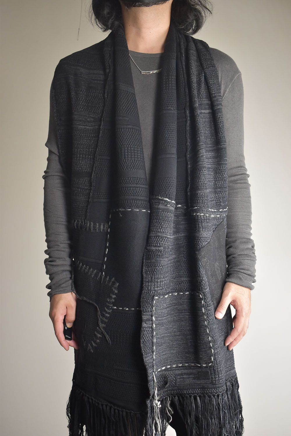 Cotton Cashmere Crust Patch Knit Long Stole "Charcoal x Black" / コットンカシミヤクラストパッチニットロングストール"チャコール×ブラック"